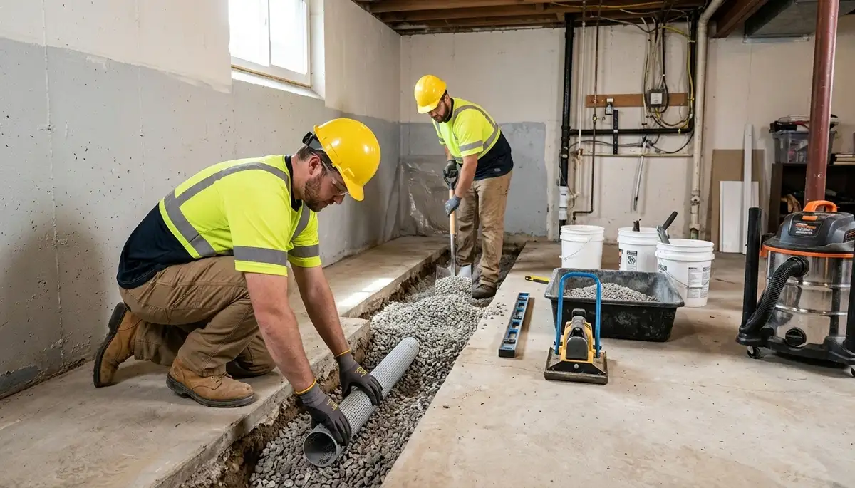 Water damage experts inspecting Everett, WA basement waterproofing for wet winter moisture control