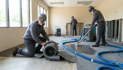 Commercial water damage restoration team in Everett, WA inspecting a flooded business interior
