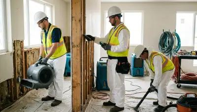 Water damage restoration team in Everett, WA inspecting wet drywall and floor cleanup