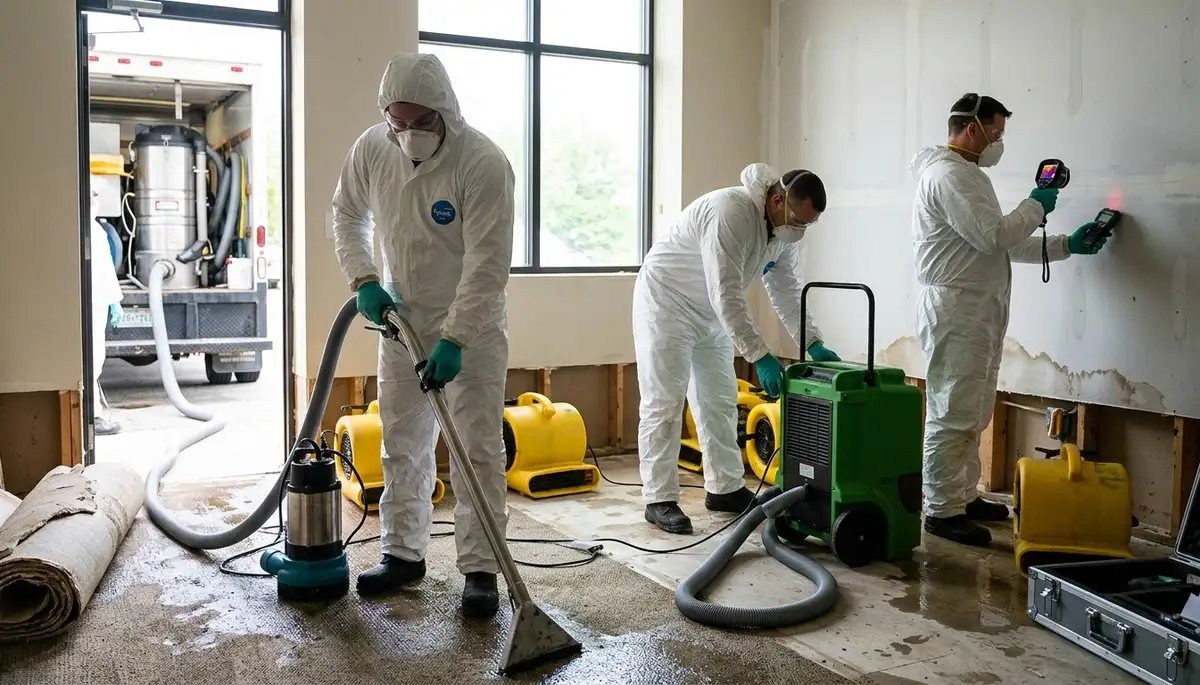 Everett, WA water damage restoration team inspecting a flooded home for emergency cleanup