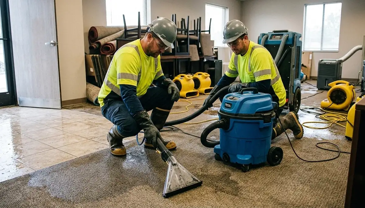 Everett, WA water damage crew performing emergency water removal in a home after flooding