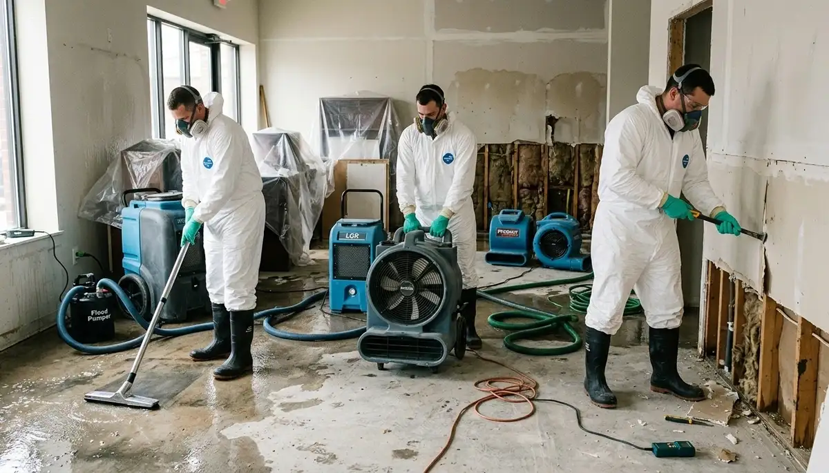 Water damage cleanup crew in Everett, WA removing floodwater from a home