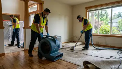 Water damage restoration team in Everett, WA inspecting commercial property cleanup