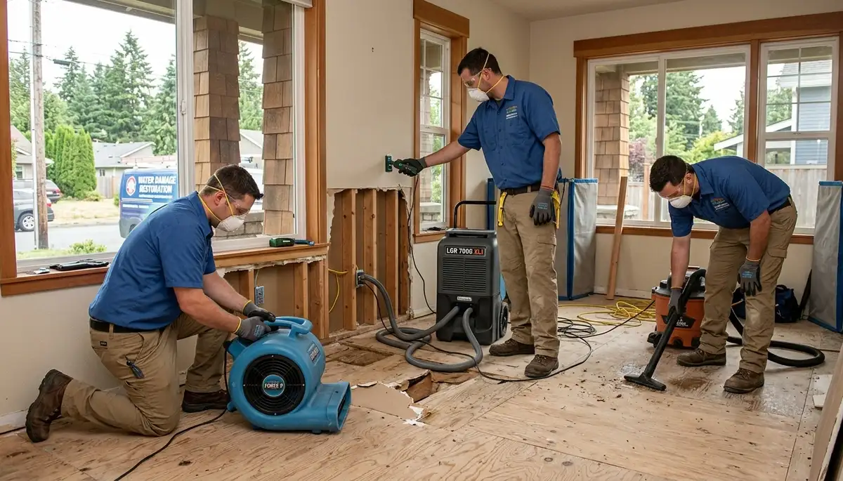 Water damage restoration team in Everett, WA inspecting flood damage and drying a home